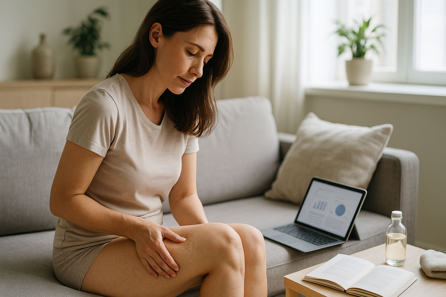 Donna osserva le proprie gambe con segni di cellulite in modo naturale, accanto a un tablet con informazioni.