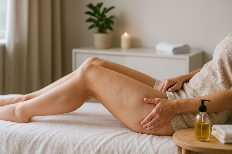 Donna sdraiata su lettino in ambiente luminoso riceve trattamento benessere alle gambe con oli anticellulite.