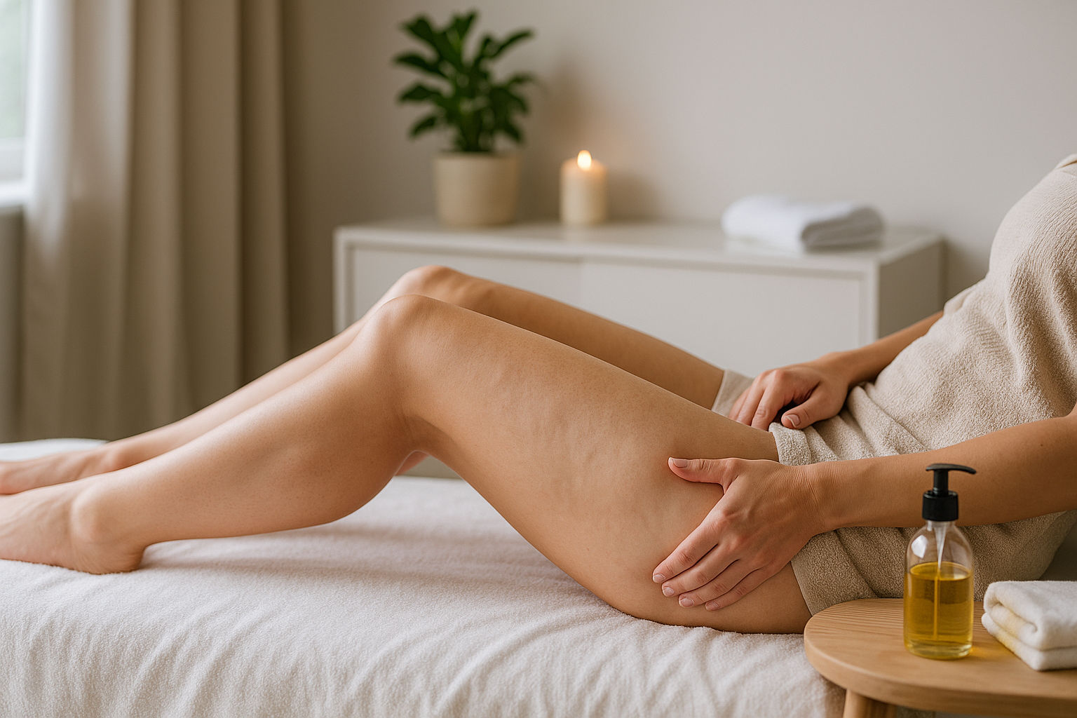 Donna sdraiata su lettino in ambiente luminoso riceve trattamento benessere alle gambe con oli anticellulite.