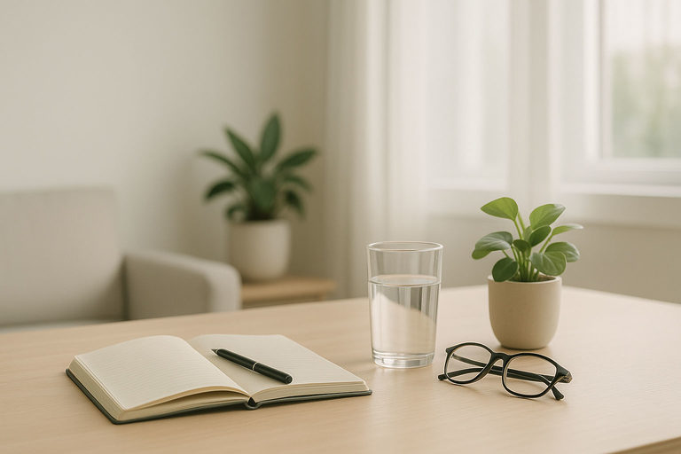 Scrivania ordinata con luce naturale per concentrazione e focus