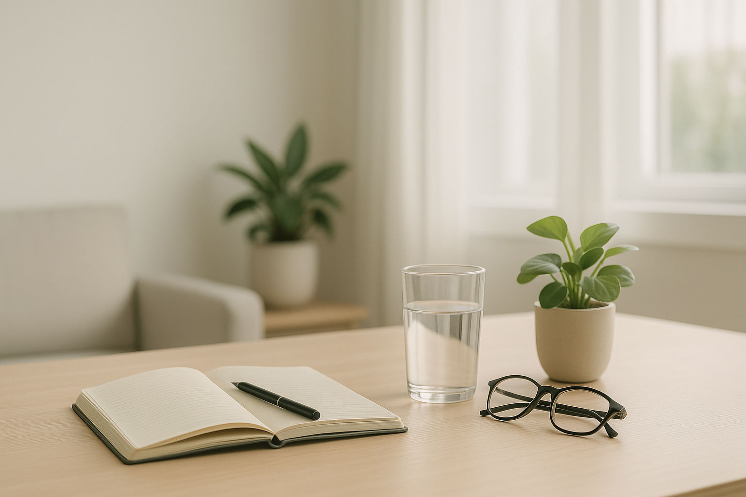 Scrivania ordinata con luce naturale per concentrazione e focus