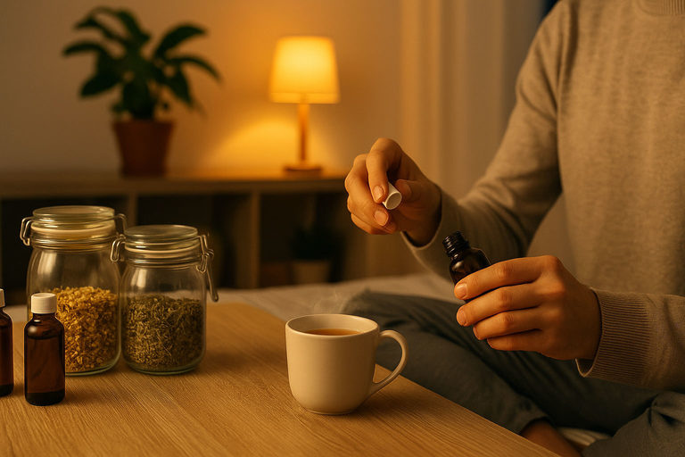 Integratori naturali per dormire su tavolo di cucina serale con tisana e erbe rilassanti