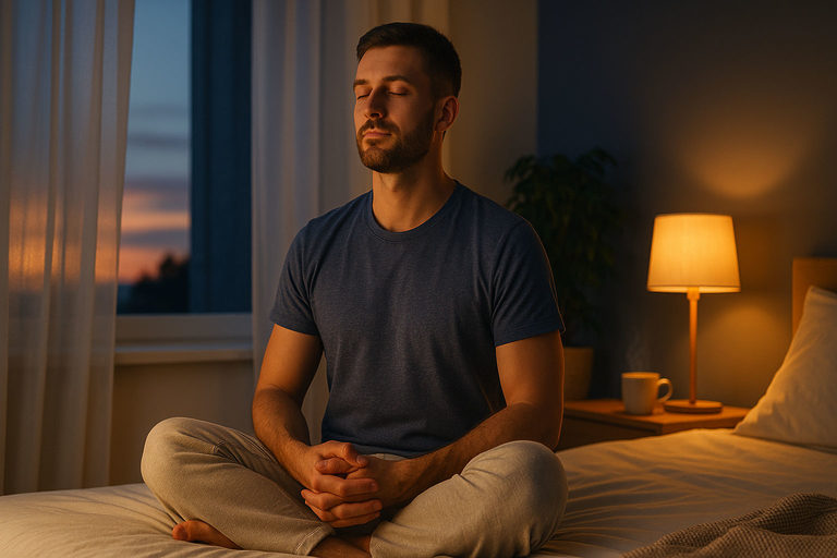 Illustrazione realistica di mindfulness serale per ridurre lo stress e migliorare il sonno