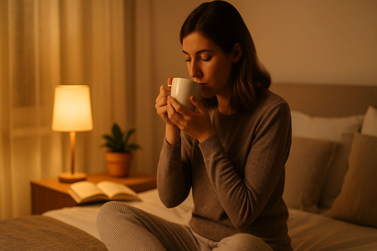 Donna in abbigliamento comodo seduta sul letto con tazza di tisana in mano, momento di relax come parte della routine serale per dormire meglio.