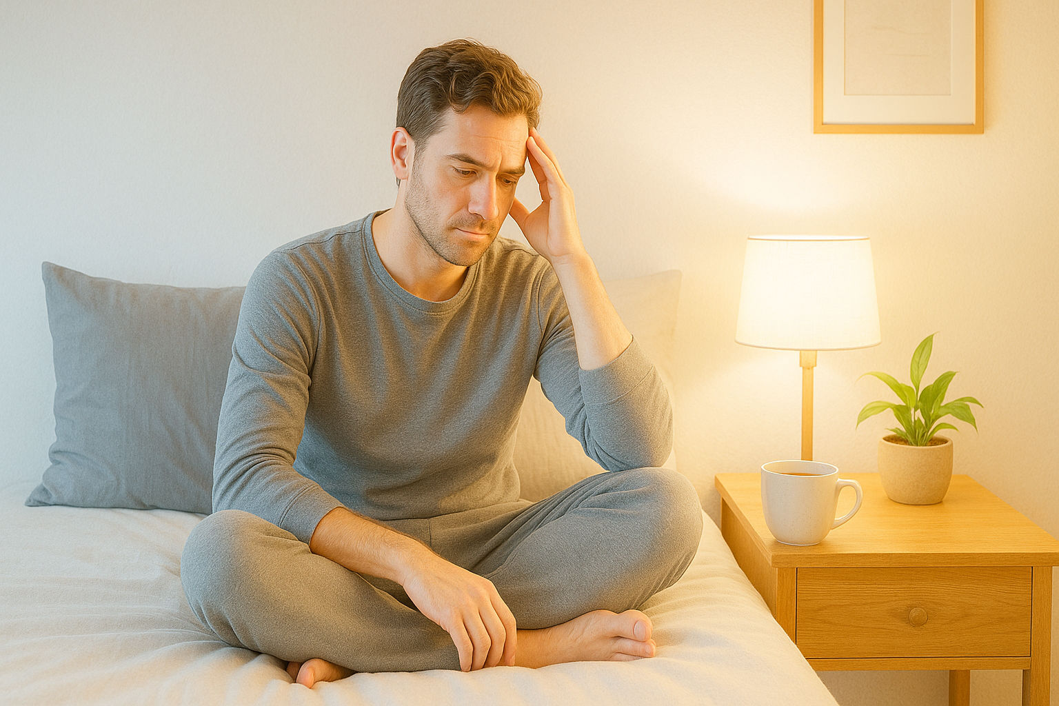 Illustrazione realistica su stress e sonno, che mostra ansia serale e rilassamento prima di dormire