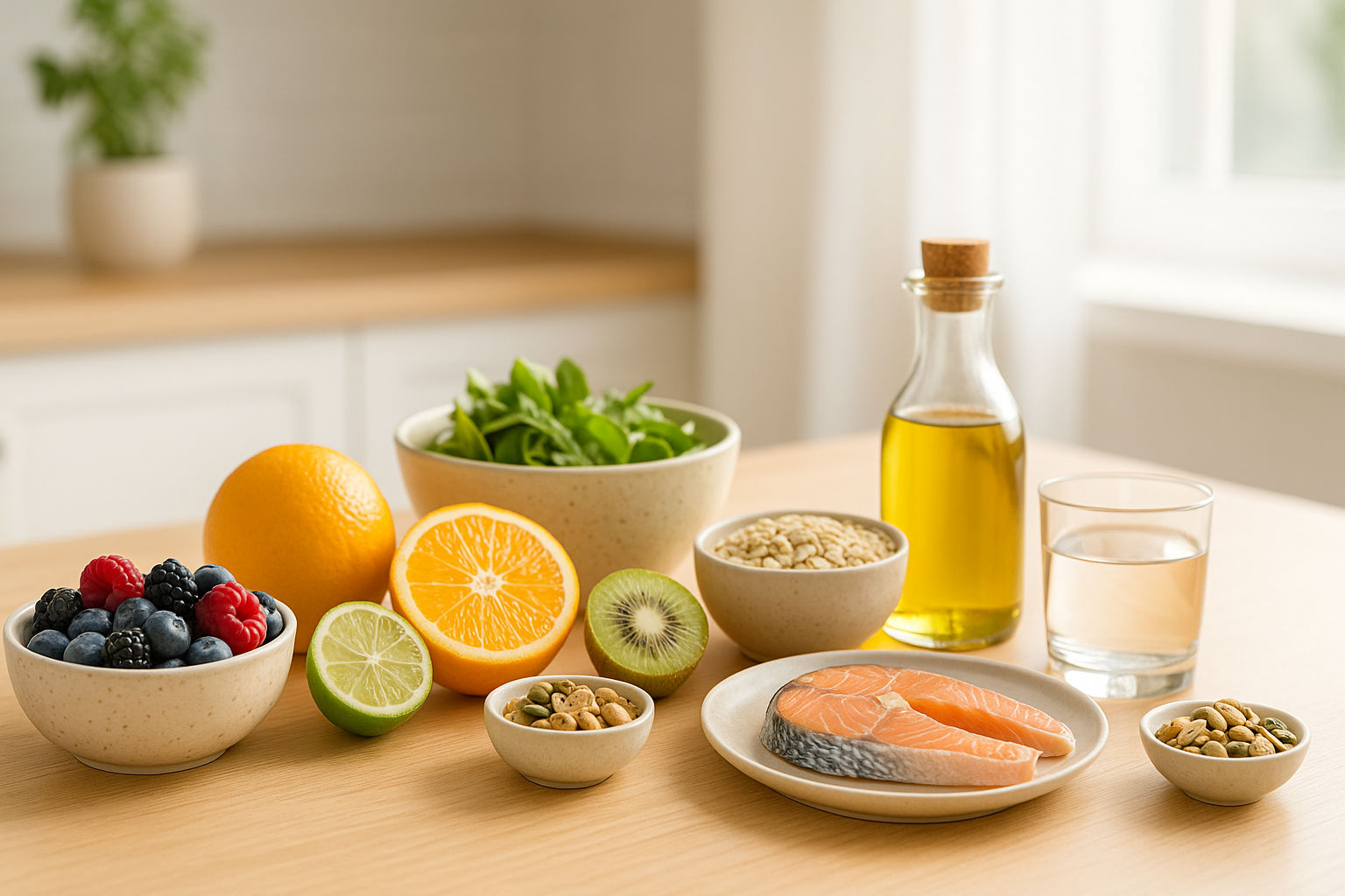 Composizione in cucina con cibi salutari che suggeriscono alimentazione e benessere