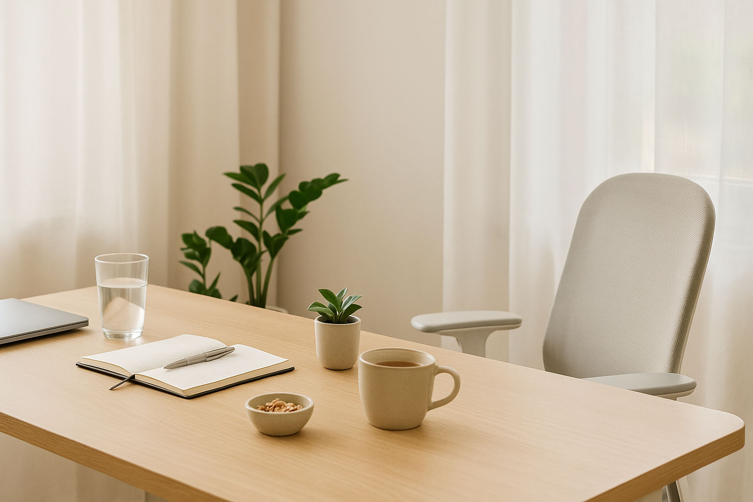 Scrivania ordinata con sedia ergonomica e luce naturale che comunicano benessere al lavoro