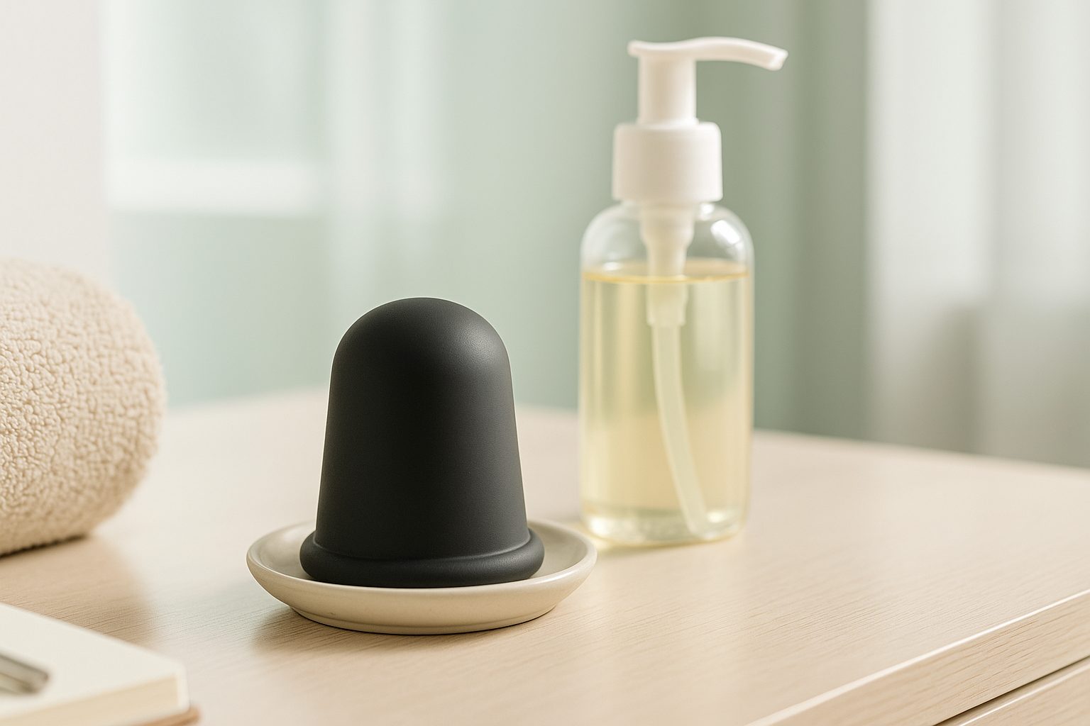 Coppetta in silicone e olio su ripiano bagno: set per come usare coppetta anticellulite