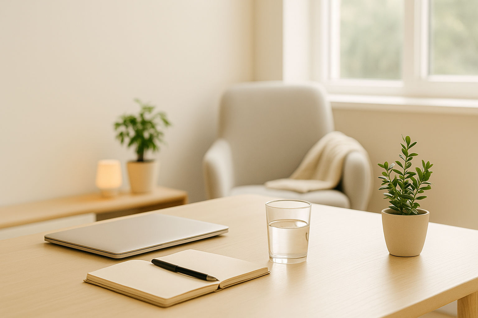 Spazio ordinato con scrivania e luce naturale per rappresentare equilibrio vita lavoro