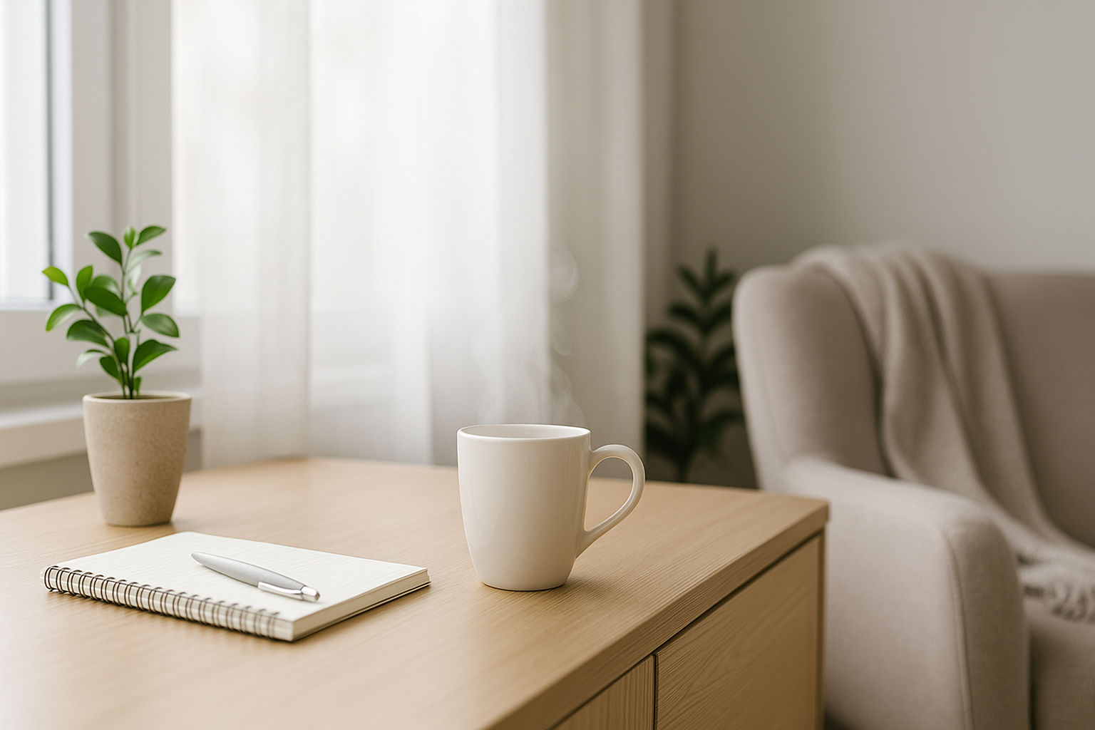 Interno ordinato con luce naturale e oggetti essenziali che suggeriscono routine benessere quotidiana