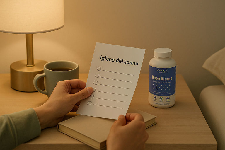 Tavolo comodino con checklist igiene del sonno e pack: Buon Riposo XWOOX