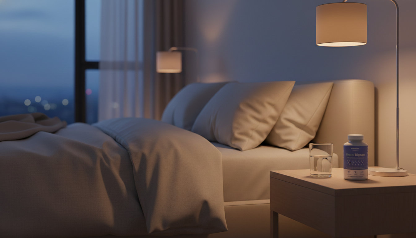 Integratore per dormire appoggiato su un comodino minimal con luce serale.