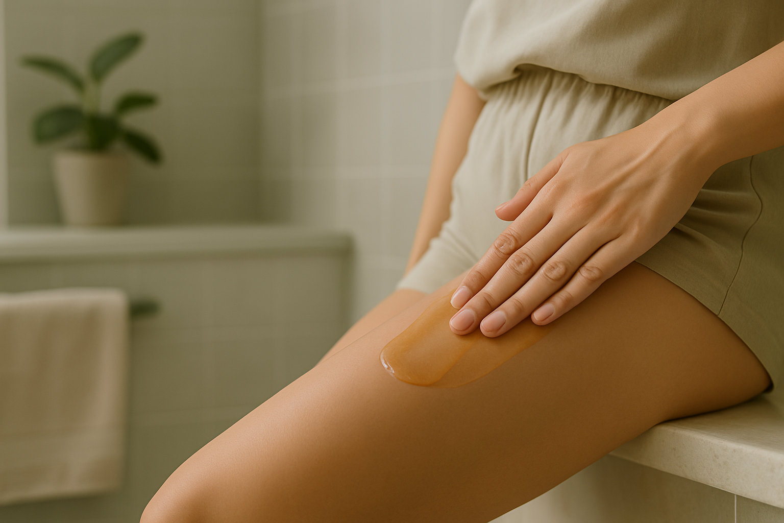 Mano che applica olio sulla coscia durante un massaggio anticellulite fai da te.