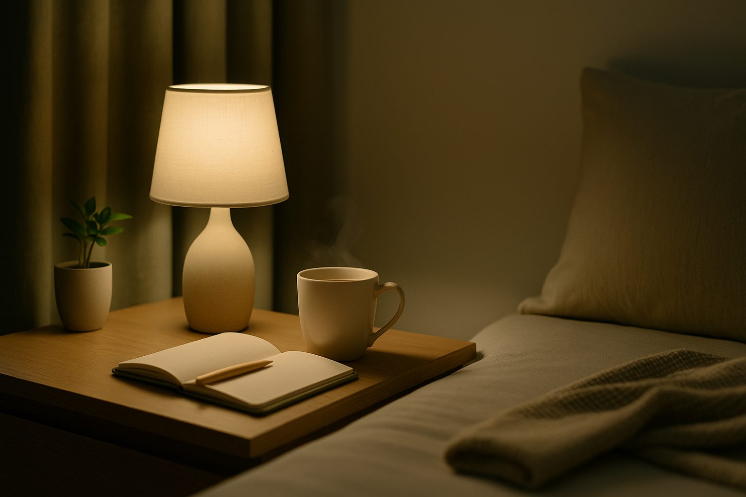 Camera tranquilla con lampada calda, tisana e libro: setting per routine serale per dormire