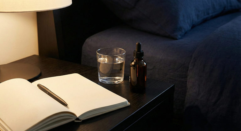 Comodino con diario del sonno e rimedi naturali per valutare se ho bisogno di un integratore per dormire.