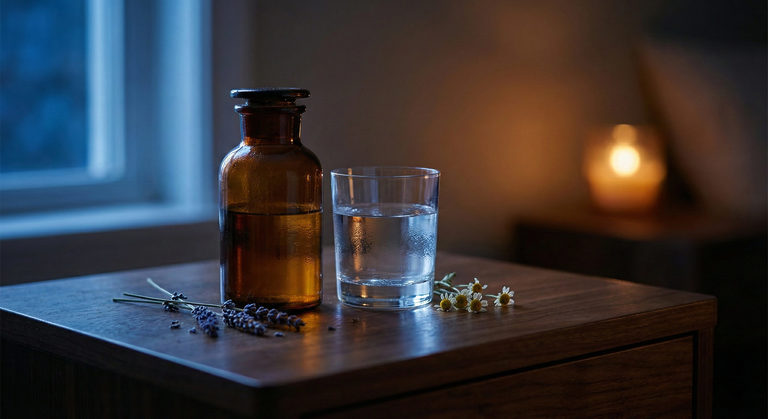 Flacone in vetro ambrato e bicchiere d'acqua su comodino in legno scuro, simboleggia un integratore sonno senza assuefazione sicuro.