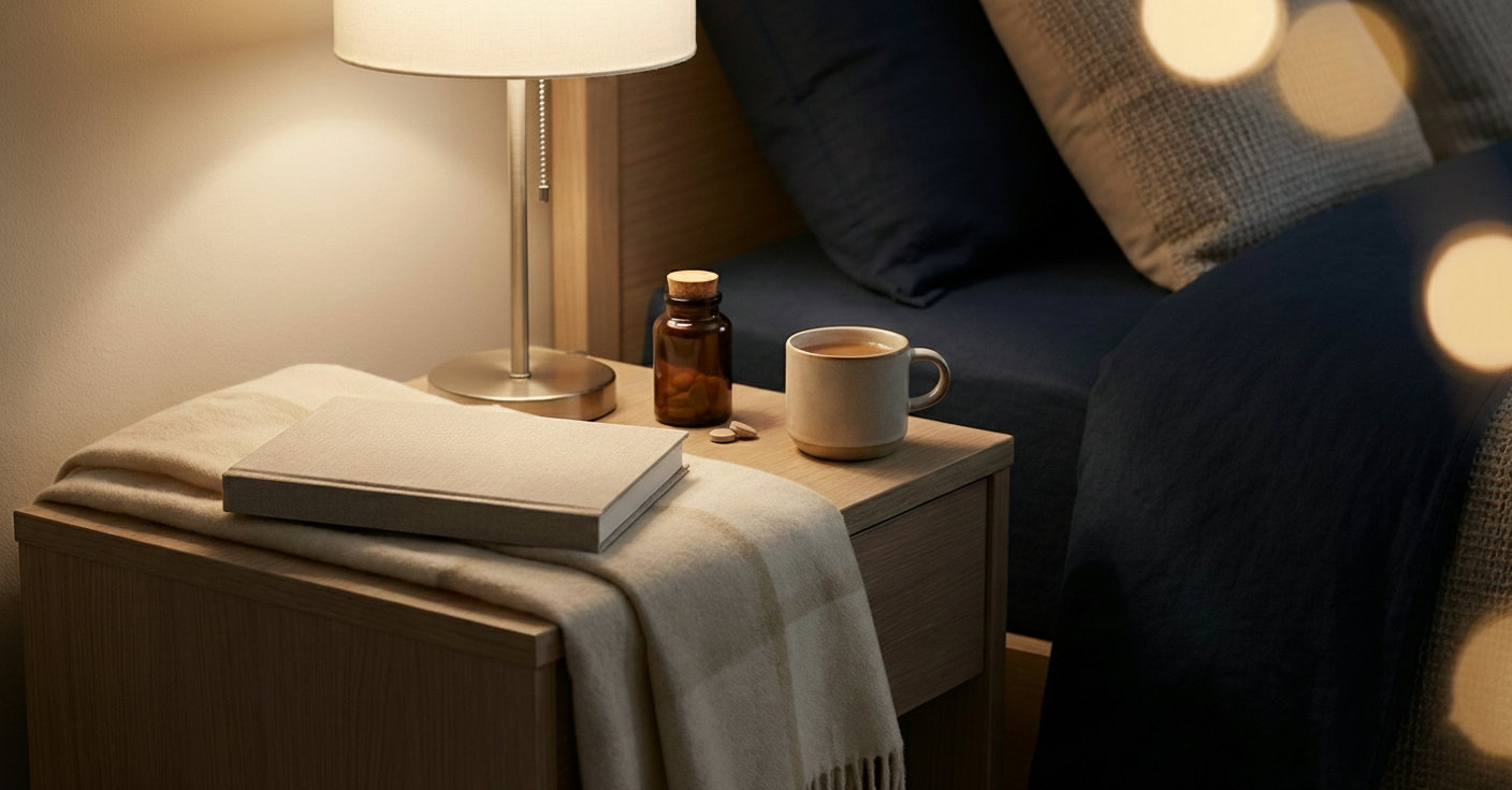 Tazza di tisana fumante e capsule su un comodino in legno scuro, rappresentazione visiva della scelta tra tisana o integratore per dormire.