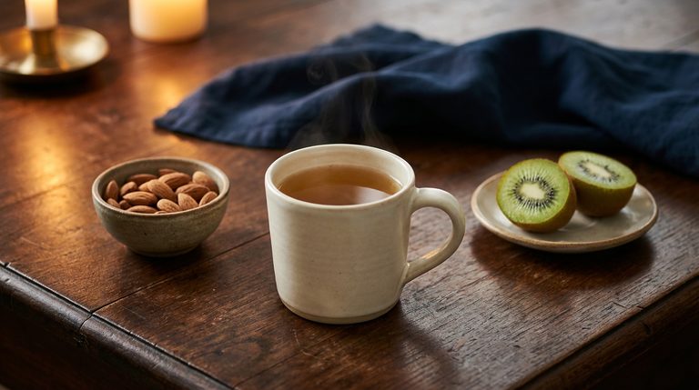 Composizione serale rilassante con tisana, kiwi e mandorle, esempi ideali di cibi che aiutano a dormire meglio.