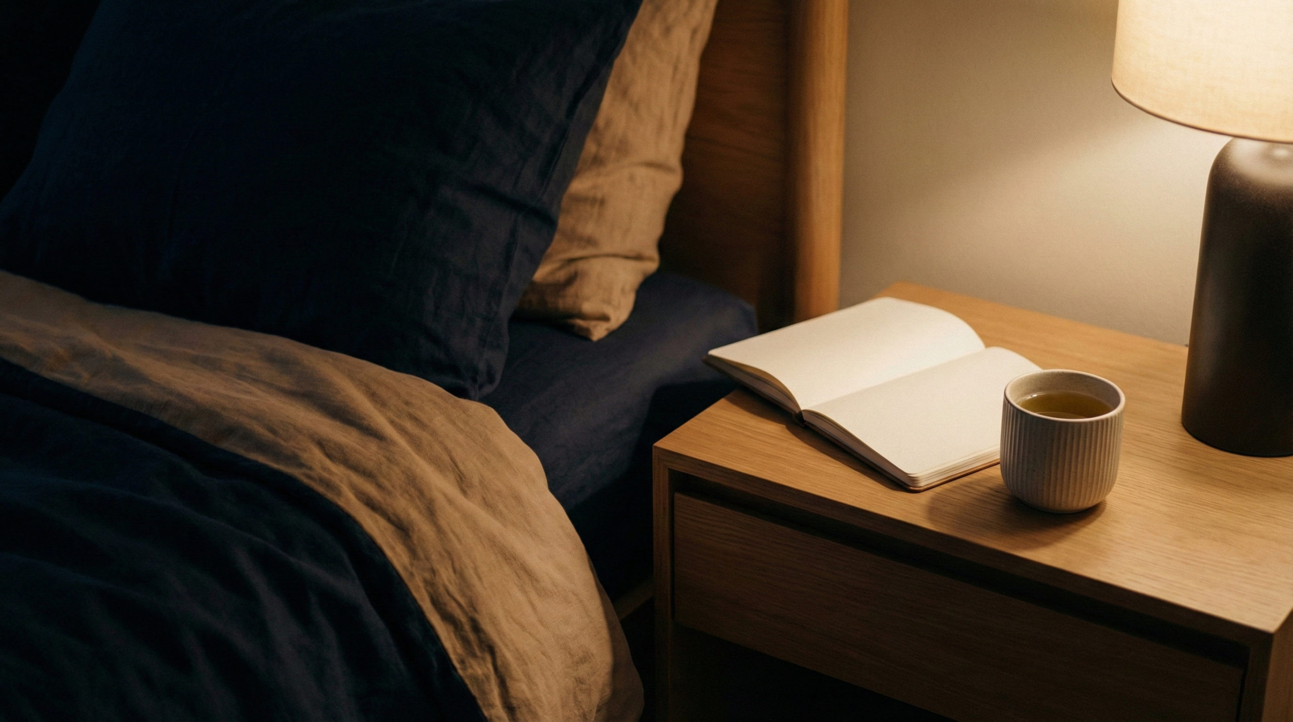 Comodino con diario e tisana in atmosfera relax, ideale per seguire il piano 14 notti per dormire meglio.